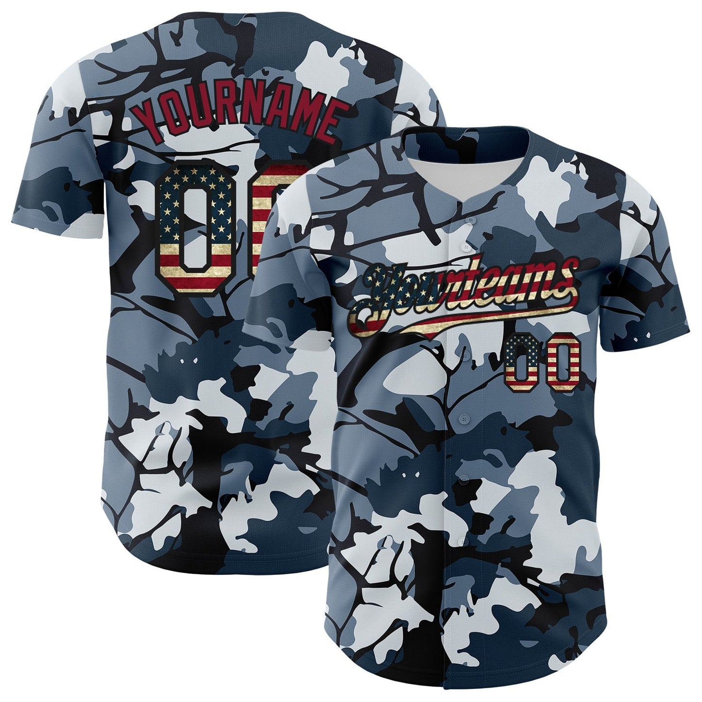 Custom Camo Vintage USA Flag Black-Crimson Woodland Forest Tactical Camouflage Outdoor Leaf Authentic Baseball Jersey baseball jersey product view 1