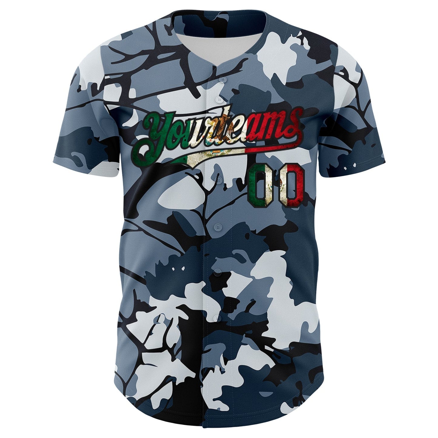 Custom Camo Vintage Mexican Flag Black-Red Woodland Forest Tactical Camouflage Outdoor Leaf Authentic Baseball Jersey baseball jersey product view 2