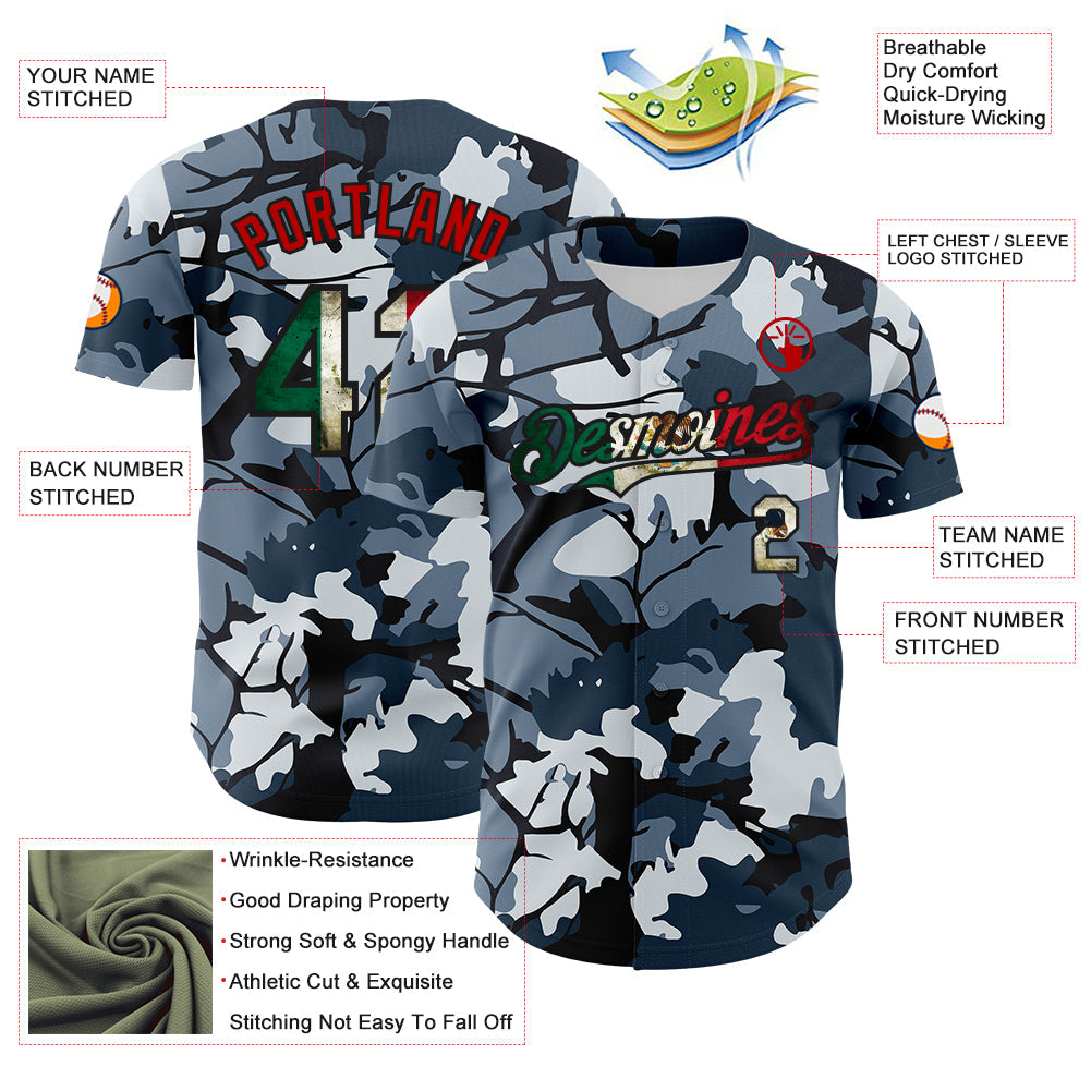 Custom Camo Vintage Mexican Flag Black-Red Woodland Forest Tactical Camouflage Outdoor Leaf Authentic Baseball Jersey baseball jersey product view 3