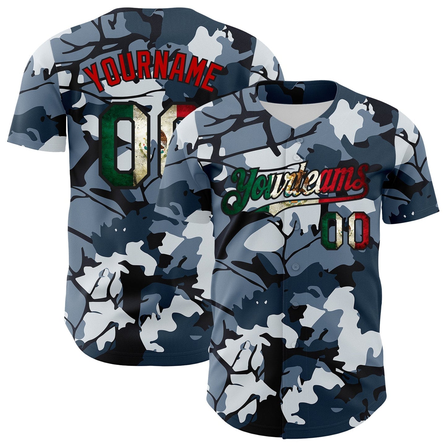 Custom Camo Vintage Mexican Flag Black-Red Woodland Forest Tactical Camouflage Outdoor Leaf Authentic Baseball Jersey baseball jersey product view 1