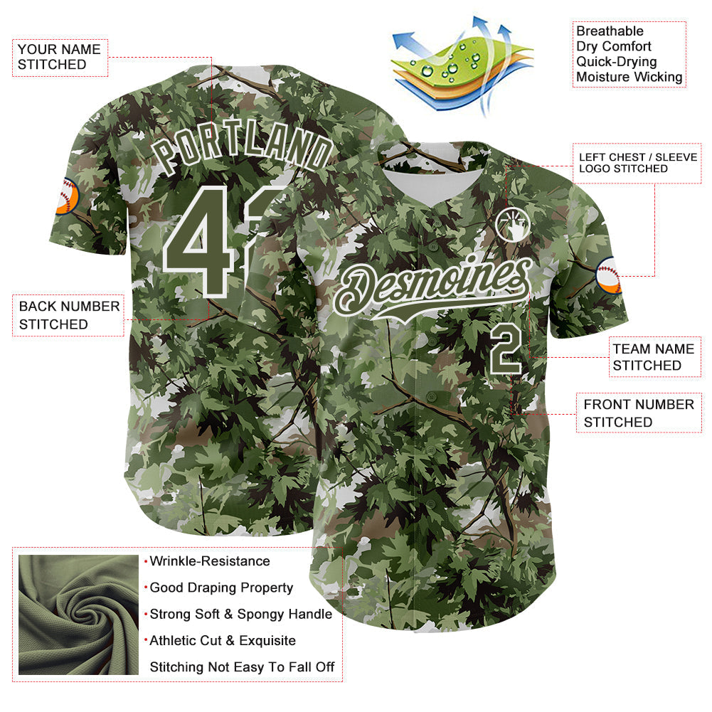 Custom Camo Olive-White Woodland Forest Tactical Camouflage Outdoor Leaf Authentic Baseball Jersey baseball jersey product view 3