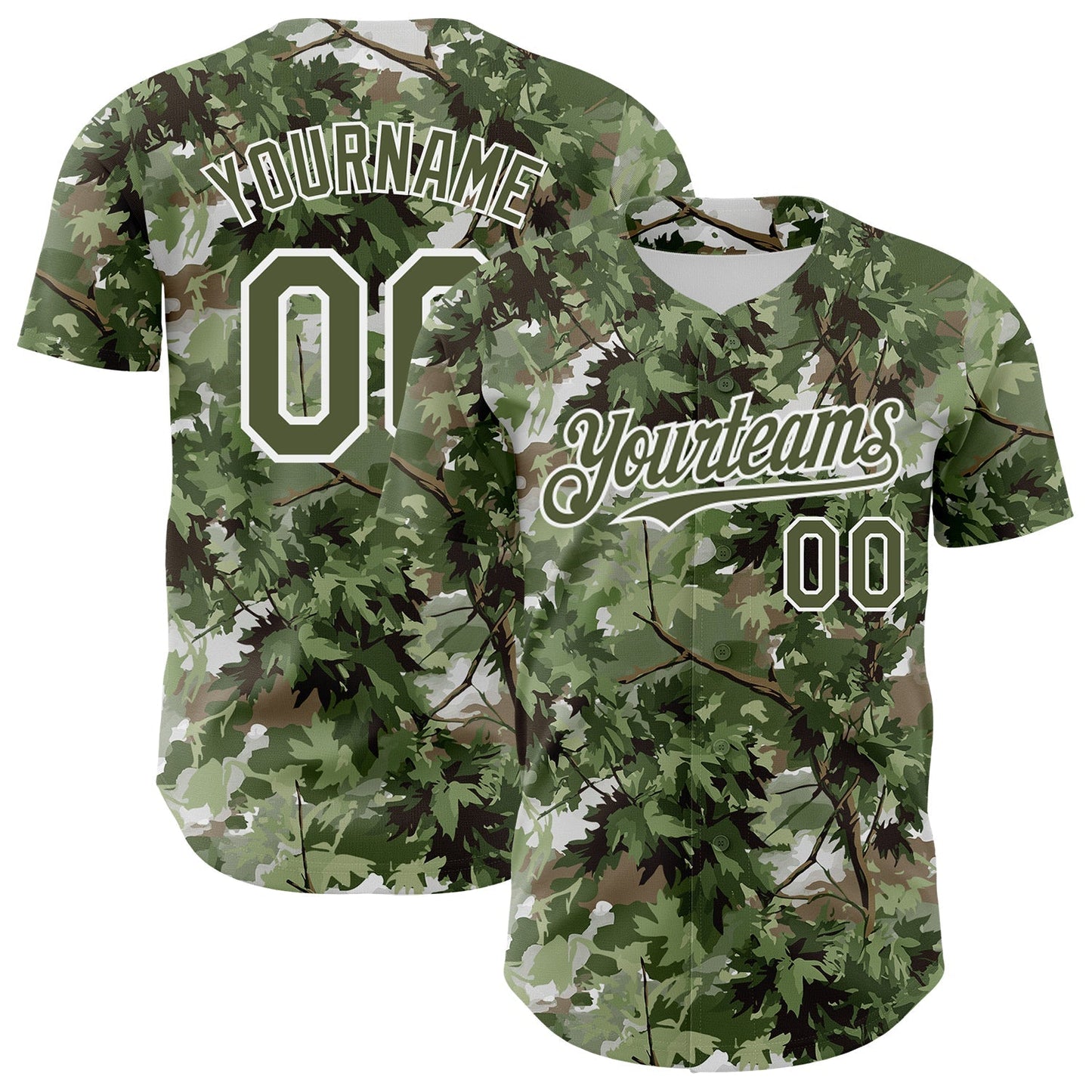 Custom Camo Olive-White Woodland Forest Tactical Camouflage Outdoor Leaf Authentic Baseball Jersey baseball jersey product view 1