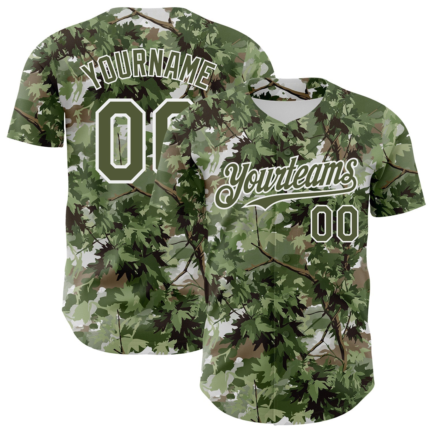 Custom Camo Olive-White Woodland Forest Tactical Camouflage Outdoor Leaf Authentic Baseball Jersey baseball jersey product view 1