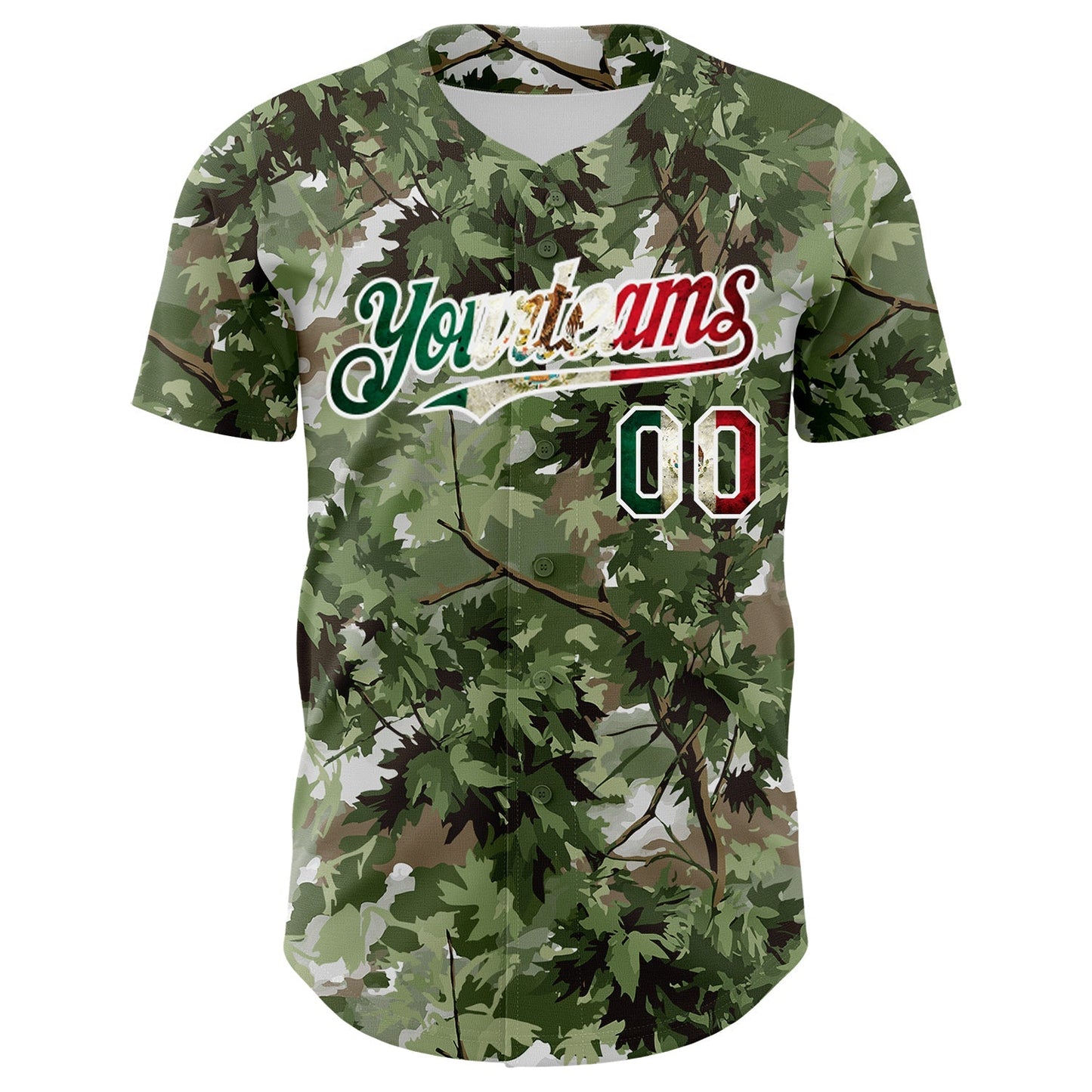 Custom Camo Vintage Mexican Flag White-Olive Woodland Forest Tactical Camouflage Outdoor Leaf Authentic Baseball Jersey baseball jersey product view 2