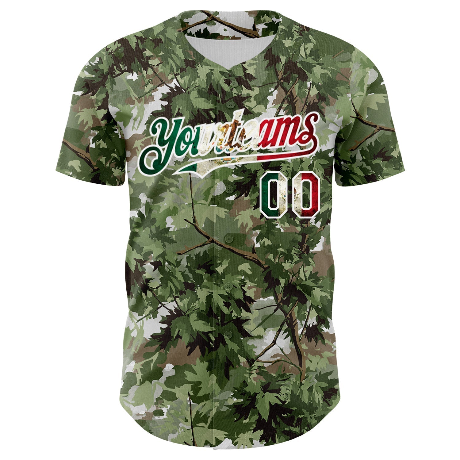 Custom Camo Vintage Mexican Flag White-Olive Woodland Forest Tactical Camouflage Outdoor Leaf Authentic Baseball Jersey baseball jersey product view 2