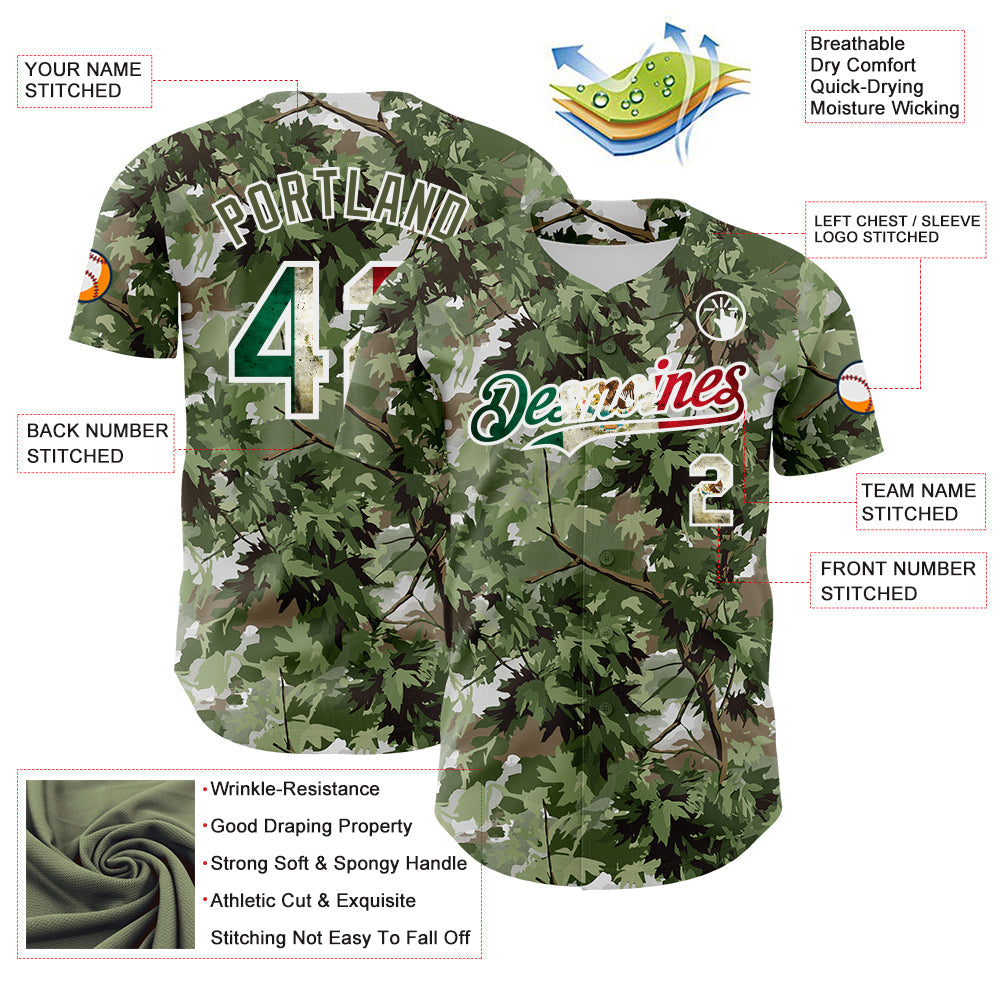 Custom Camo Vintage Mexican Flag White-Olive Woodland Forest Tactical Camouflage Outdoor Leaf Authentic Baseball Jersey baseball jersey product view 3