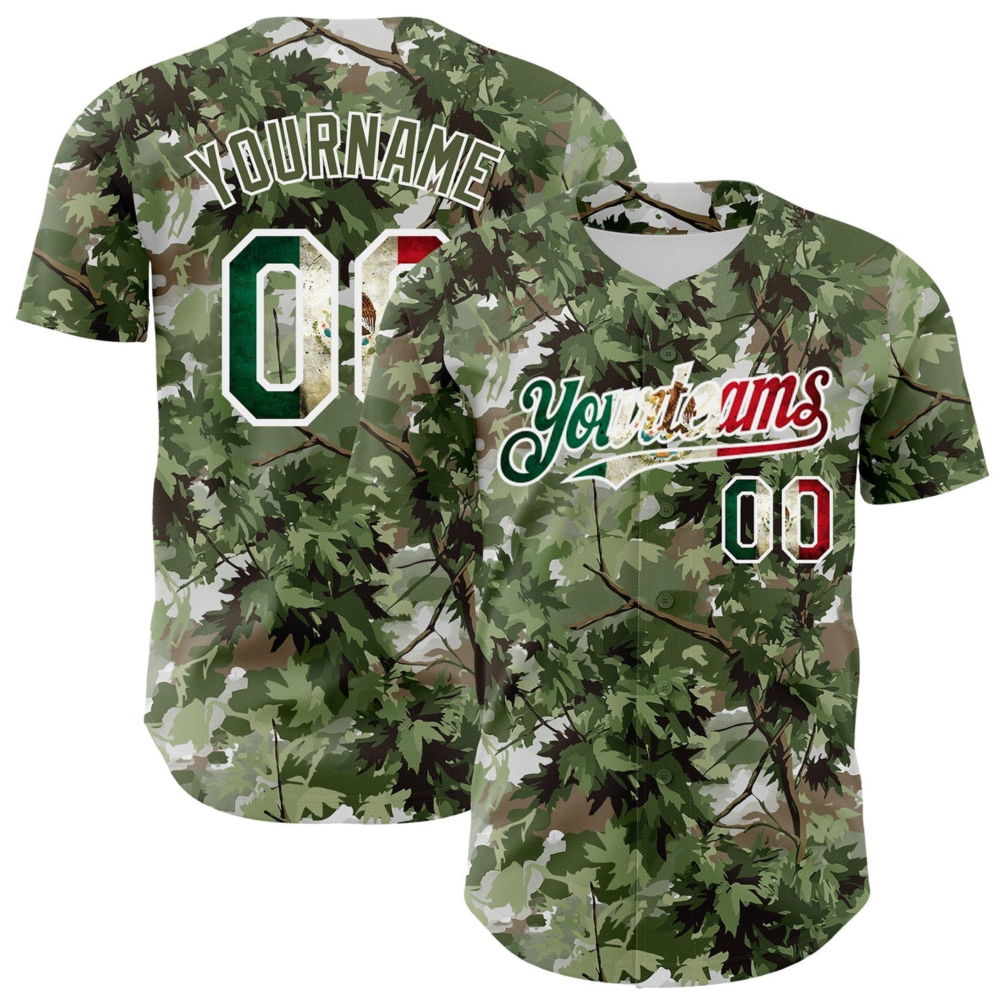 Custom Camo Vintage Mexican Flag White-Olive Woodland Forest Tactical Camouflage Outdoor Leaf Authentic Baseball Jersey baseball jersey product view 1