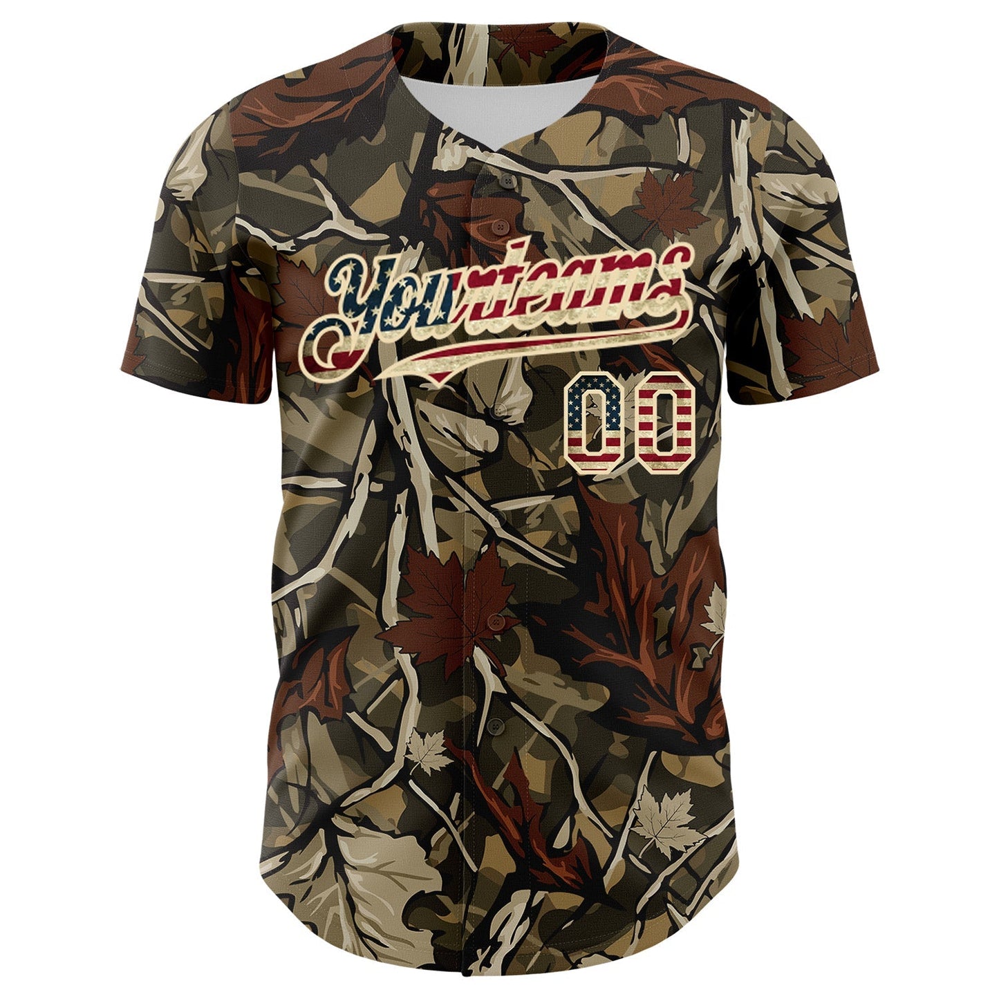 Custom Camo Vintage USA Flag Cream-Olive Woodland Forest Tactical Camouflage Outdoor Leaf Authentic Baseball Jersey baseball jersey product view 2