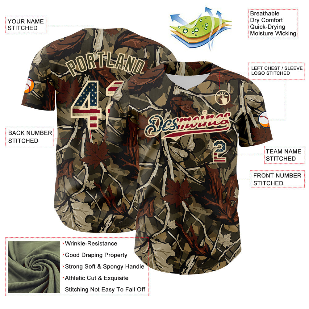 Custom Camo Vintage USA Flag Cream-Olive Woodland Forest Tactical Camouflage Outdoor Leaf Authentic Baseball Jersey baseball jersey product view 3