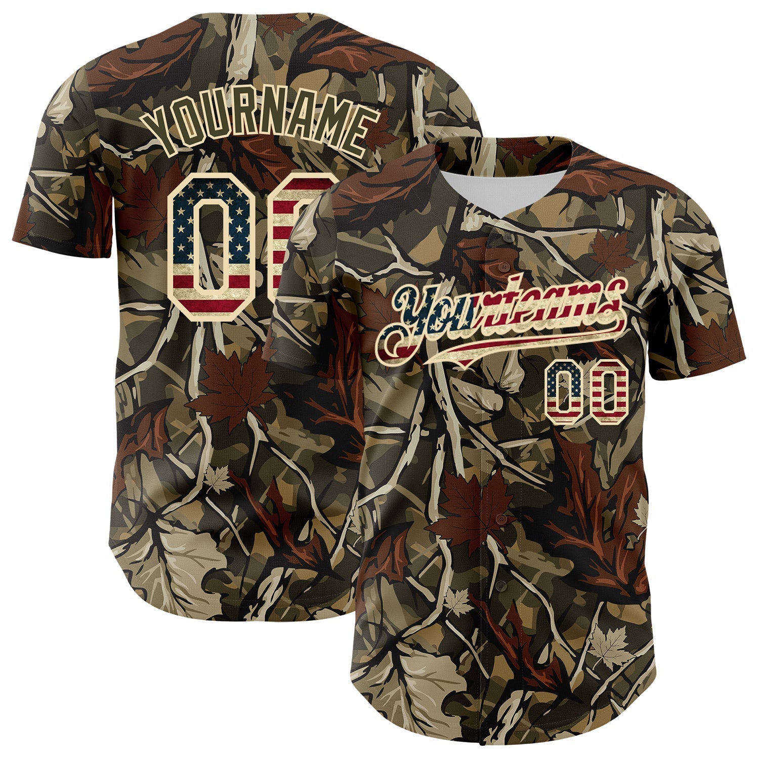 Custom Camo Vintage USA Flag Cream-Olive Woodland Forest Tactical Camouflage Outdoor Leaf Authentic Baseball Jersey baseball jersey product view 1