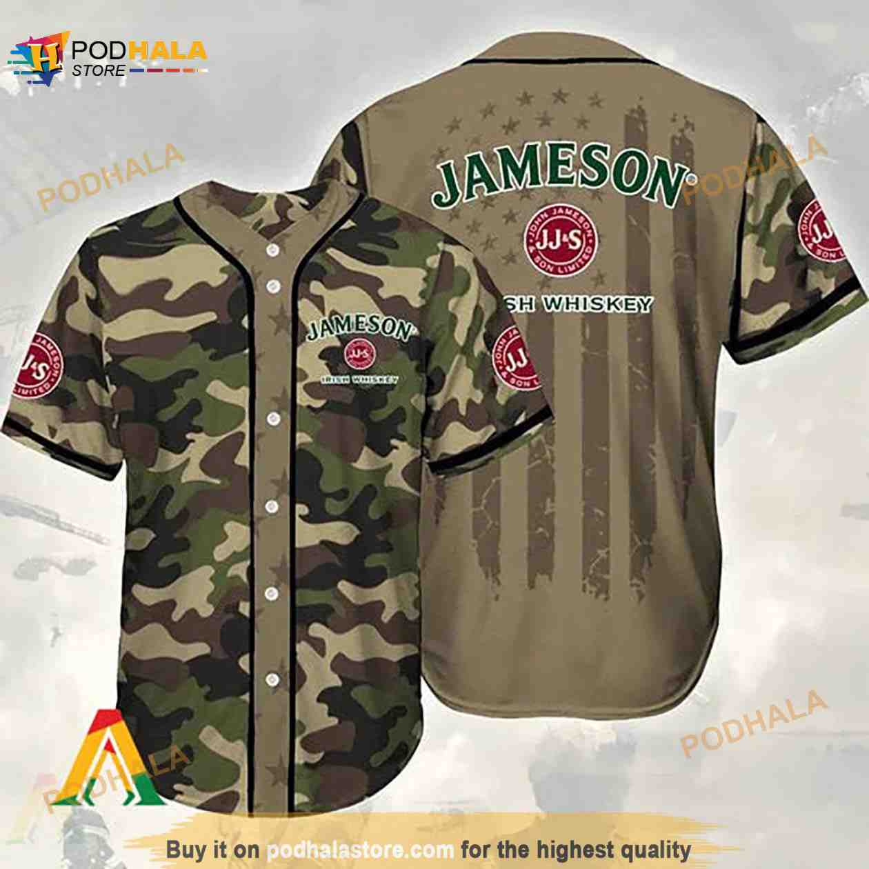 Camouflage Green Brown Jameson Whiskey 3D Baseball Jersey baseball jersey product view 1