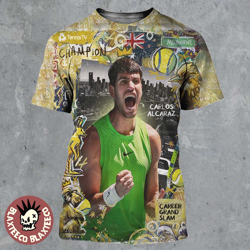 Carlos Alcaraz The Youngest Man Ever Complete The Career Grand Slam All Over Print Shirt Unisex T-shirt, Sweatshirt, Hoodie, Long Sleeve Tee - T-Shirt, Sweatshirt, Hoodie
