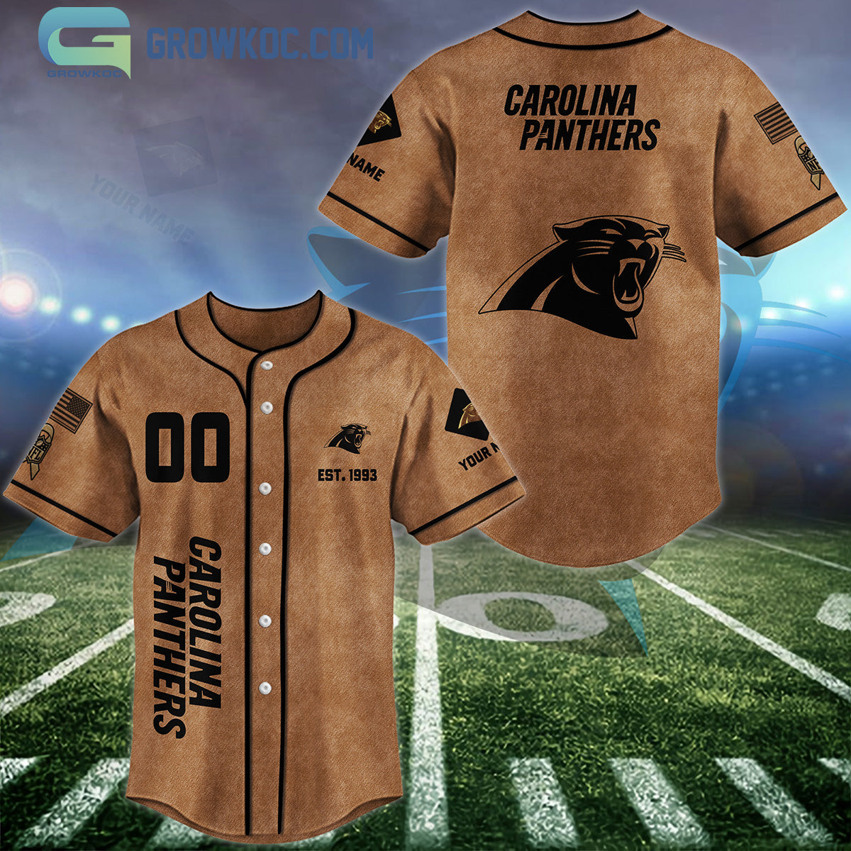 Carolina Panthers Brown American Flag Personalized Baseball Jersey baseball jersey product view 1