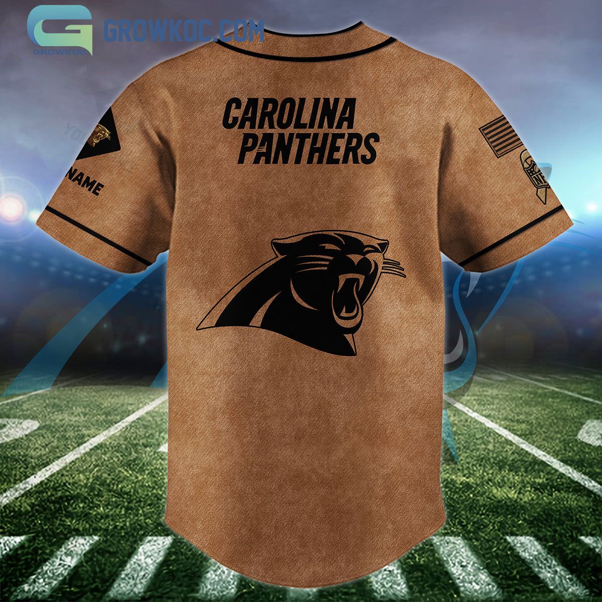 Carolina Panthers Brown American Flag Personalized Baseball Jersey baseball jersey product view 2