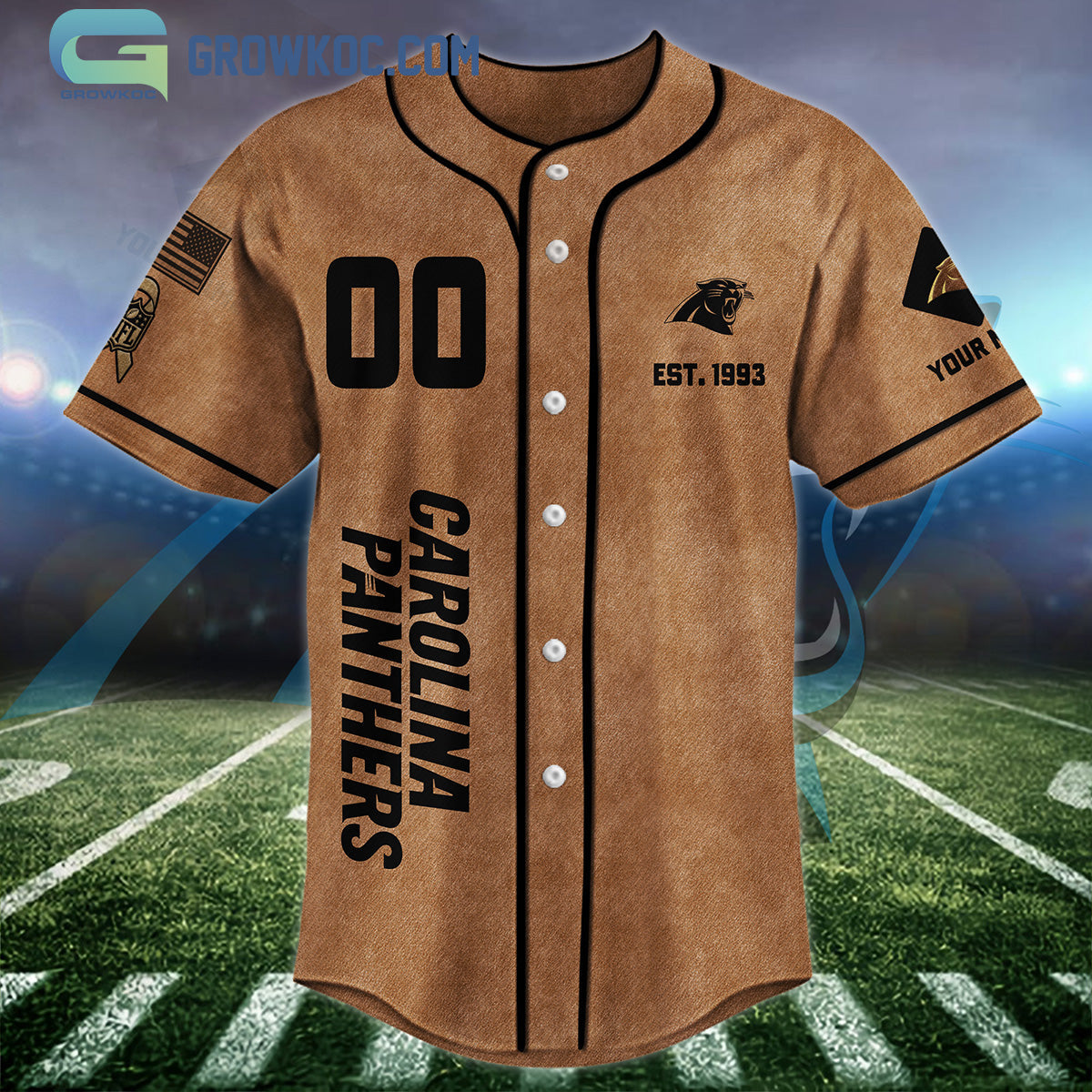 Carolina Panthers Brown American Flag Personalized Baseball Jersey baseball jersey product view 3