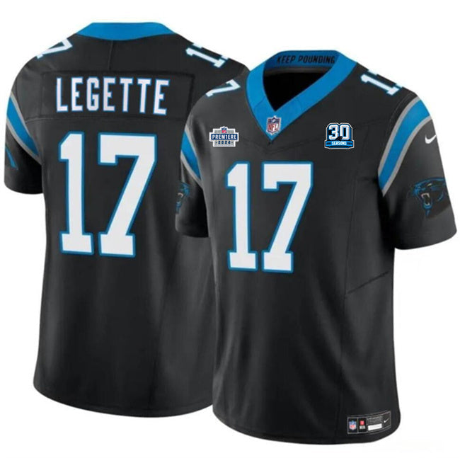 Carolina Panthers #17 Xavier Legette Black 2024 With Dradt Patch And 30th Football Jersey football jersey product view 1