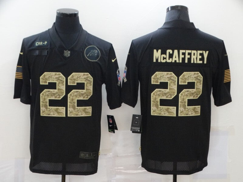 Carolina Panthers #22 Christian McCaffrey 20 Salute Camo Text 606 Football Jersey football jersey product view 1