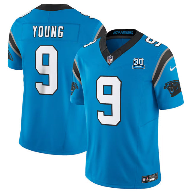 Carolina Panthers #9 Bryce Young Blue 2024 30th Anniversary Patch F.U.S.E. Vapor Football Jersey football jersey product view 1