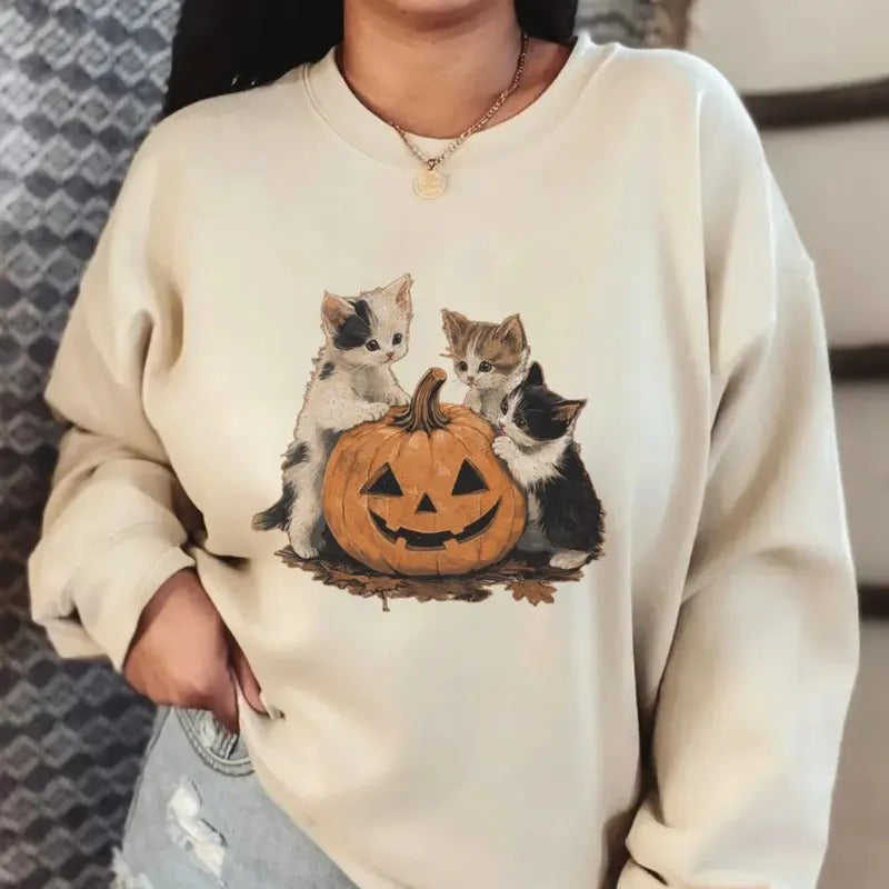 Cat Halloween Retro Spooky Season Pumpkin Lover Black - Adult & Kids T-Shirts, Sweatshirts & Hoodies apparel design preview 1