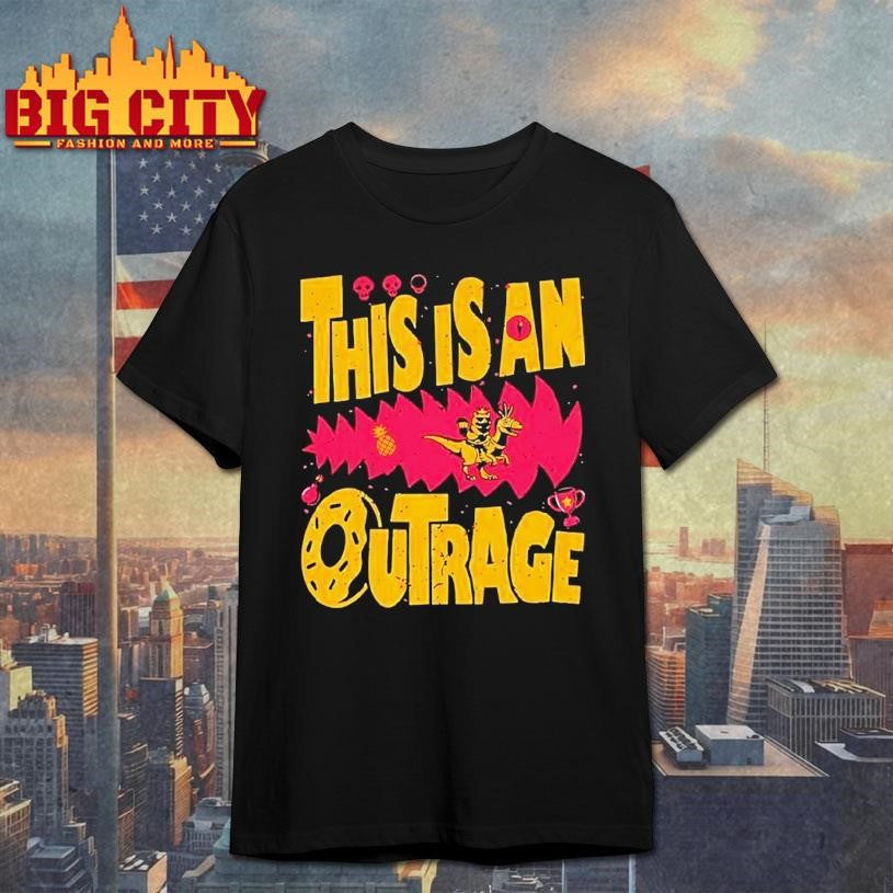 Cat Riding Dinosaur This Is An Outrage Shirt Unisex T-shirt, Sweatshirt, Hoodie, Long Sleeve Tee - T-Shirt, Sweatshirt, Hoodie