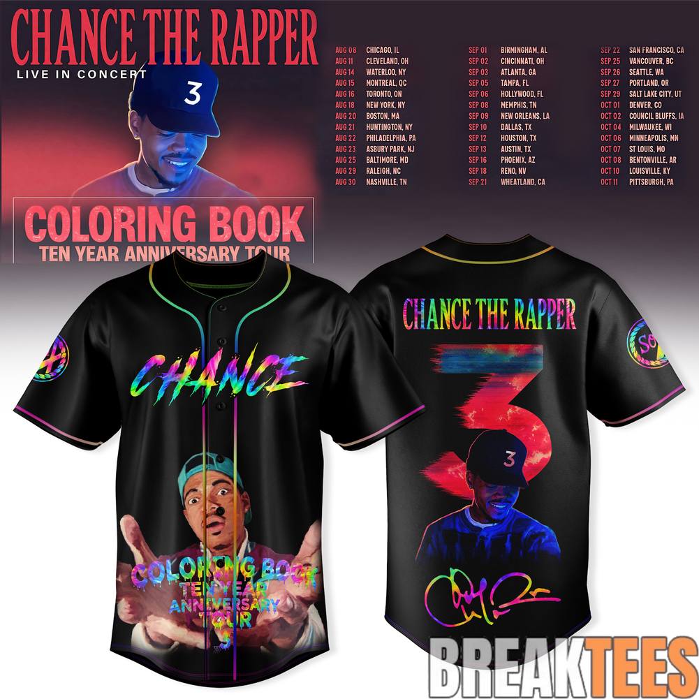 Chance The Rapper Coloring Book 10 Year Anniversary Tour Baseball Jersey Unisex T-shirt, Sweatshirt, Hoodie, Long Sleeve Tee - T-Shirt, Sweatshirt, Hoodie