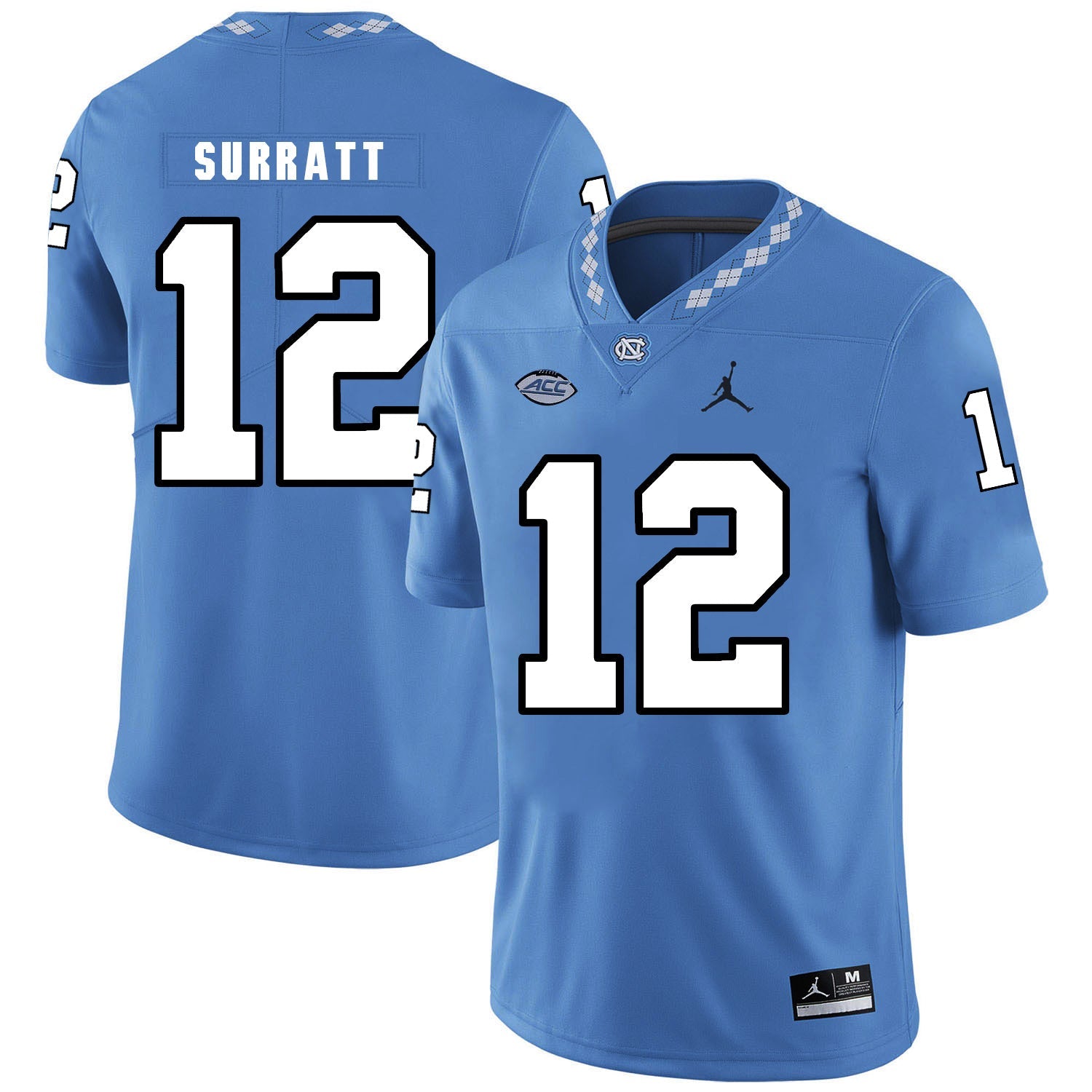 Chazz Surratt 12 Carolina Blue College Football Jersey football jersey product view 1