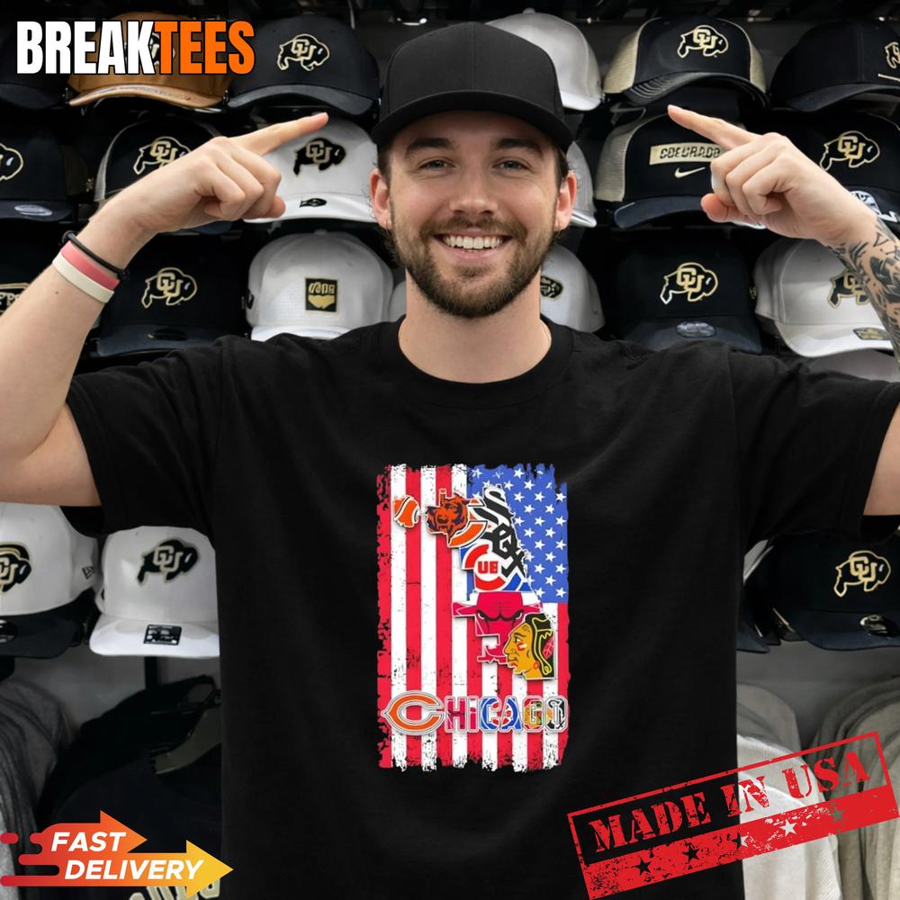 Chicago City Sports Bears White Sox Cubs Bulls US Flag T-Shirt Unisex T-shirt, Sweatshirt, Hoodie, Long Sleeve Tee - T-Shirt, Sweatshirt, Hoodie