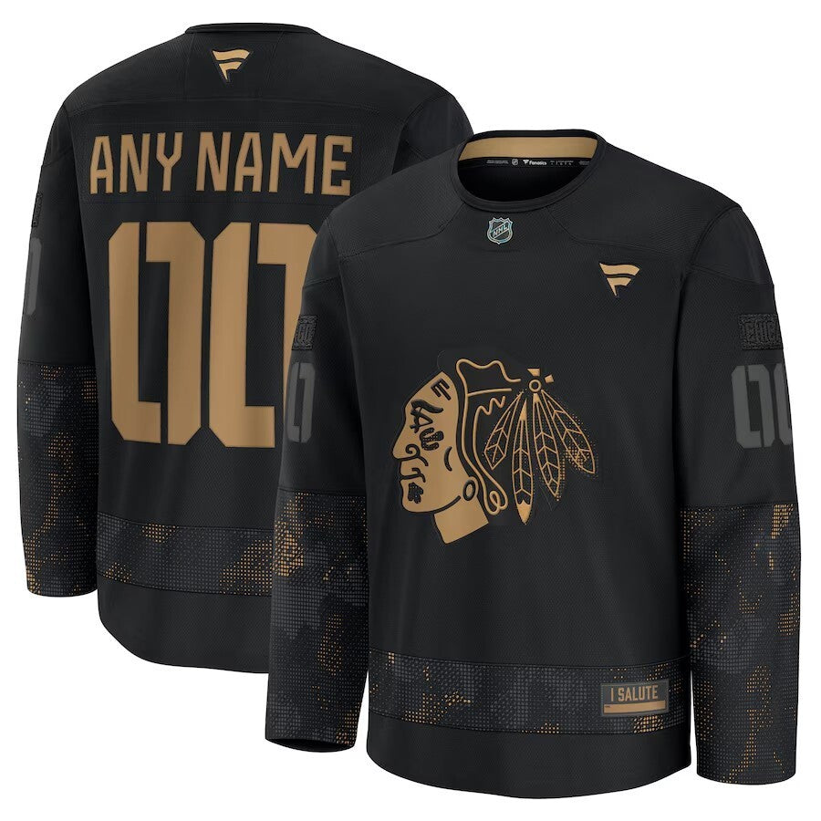 Chicago Blackhawks 2024 Military Appreciation Personalized Long Sleeve Practice Jersey - Black hockey jersey product view 1