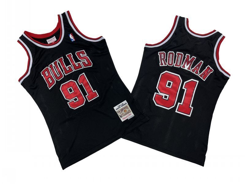 Chicago Bulls #91 Dennis Rodman Bulls 91 # Black 97-98 Season Mitchell Retro Jersey -- Scottie . Pippen Style 2 basketball jersey product view 1