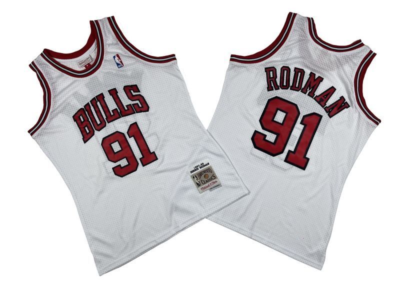 Chicago Bulls #91 Dennis Rodman Bulls 91 # White 97-98 Season Mitchell Retro Jersey -- Scottie . Pippen Style 1 basketball jersey product view 1
