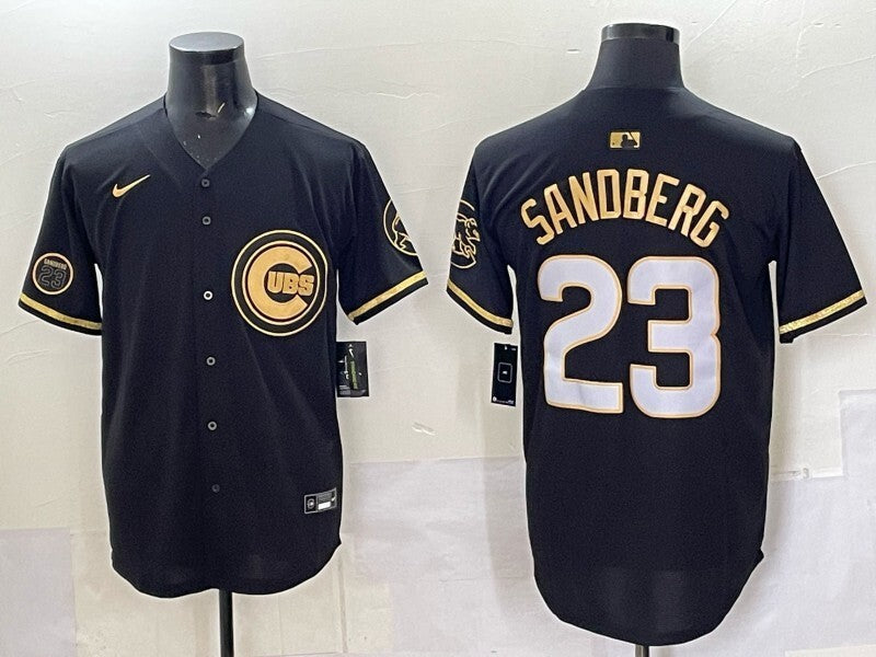 Chicago Cubs #23 Ryne Sandberg Cubs Black Gold V3 Style 1 Baseball Jersey baseball jersey product view 1