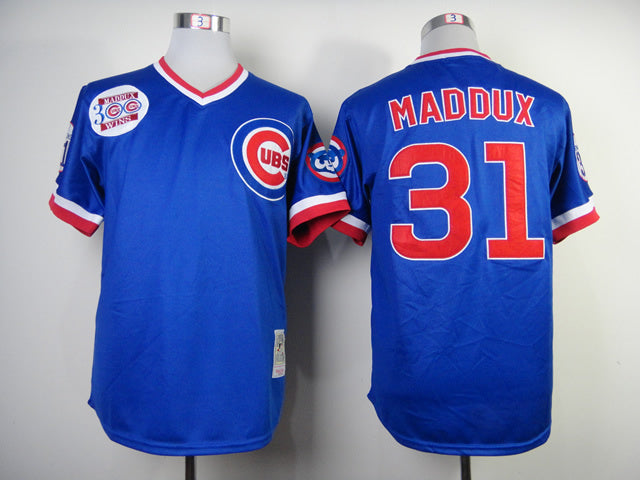 Chicago Cubs #31 Greg Maddux Cubs 31 Blue Retro 3 Logo Baseball Jersey baseball jersey product view 1