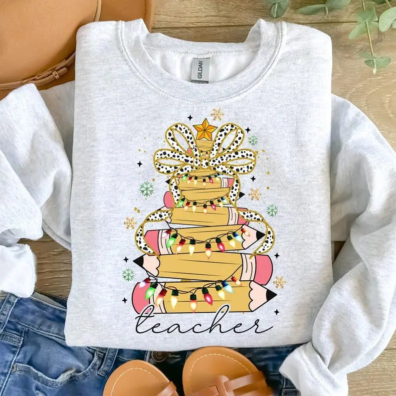 Pencil Tree Teacher Coquette Bow Merry - Adult & Kids T-Shirts, Sweatshirts & Hoodies apparel design preview 1