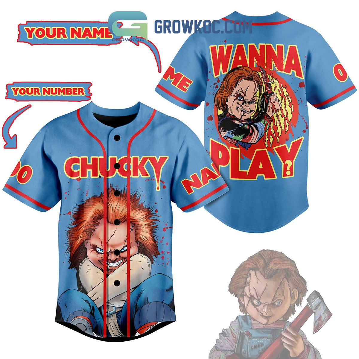 Chucky Wanna Play Horror Movies Personalized Baseball Jersey baseball jersey product view 2