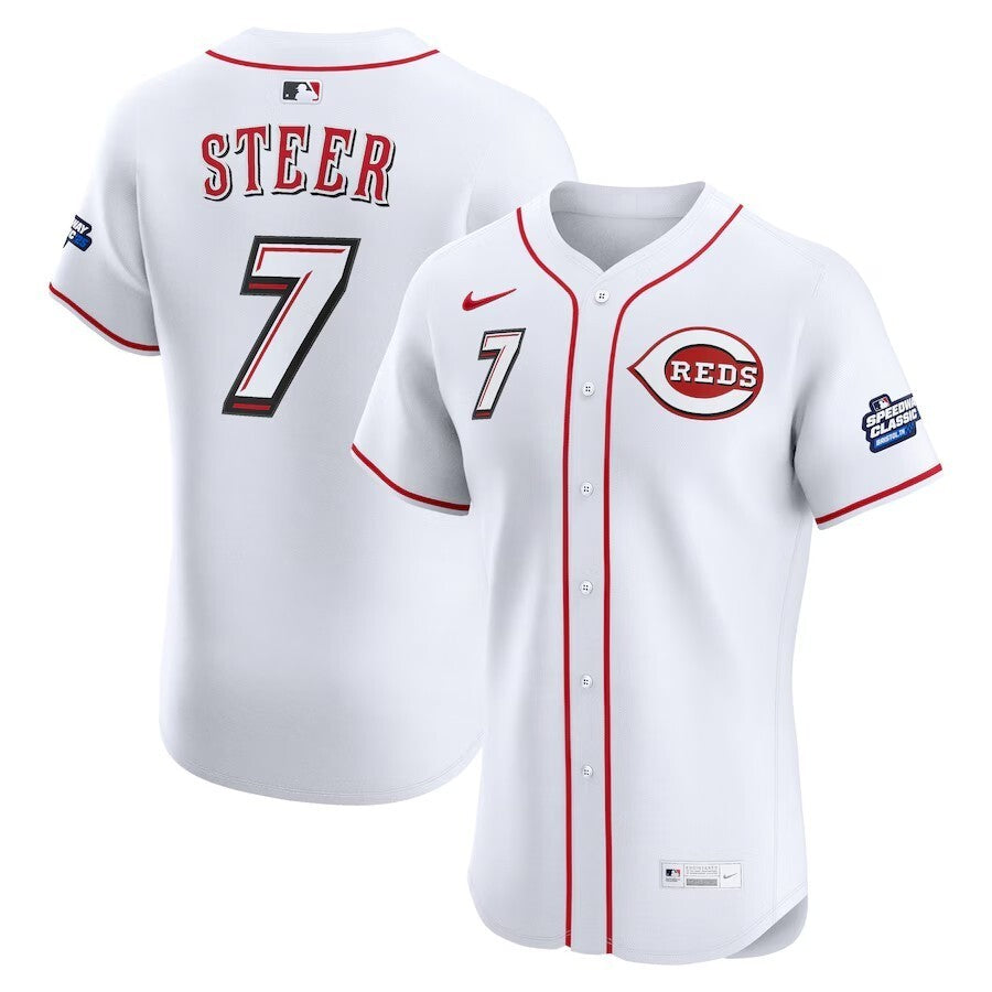 Cincinnati Reds #7 Spencer Steer 2025 MLB Speedway Classic Home Elite Player Jersey - White baseball jersey product view 1