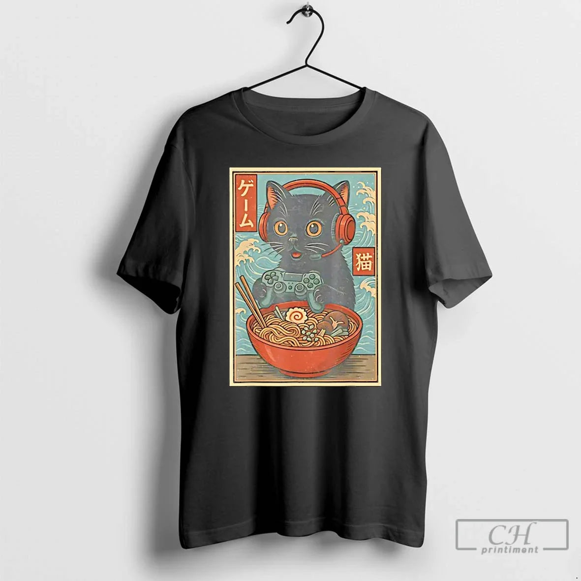 Classic Black Japanese Cat Holding Gamepad And Wearing Head Phone Eat Ramen Retro T Shirts - T-Shirt, Sweatshirt, Hoodie