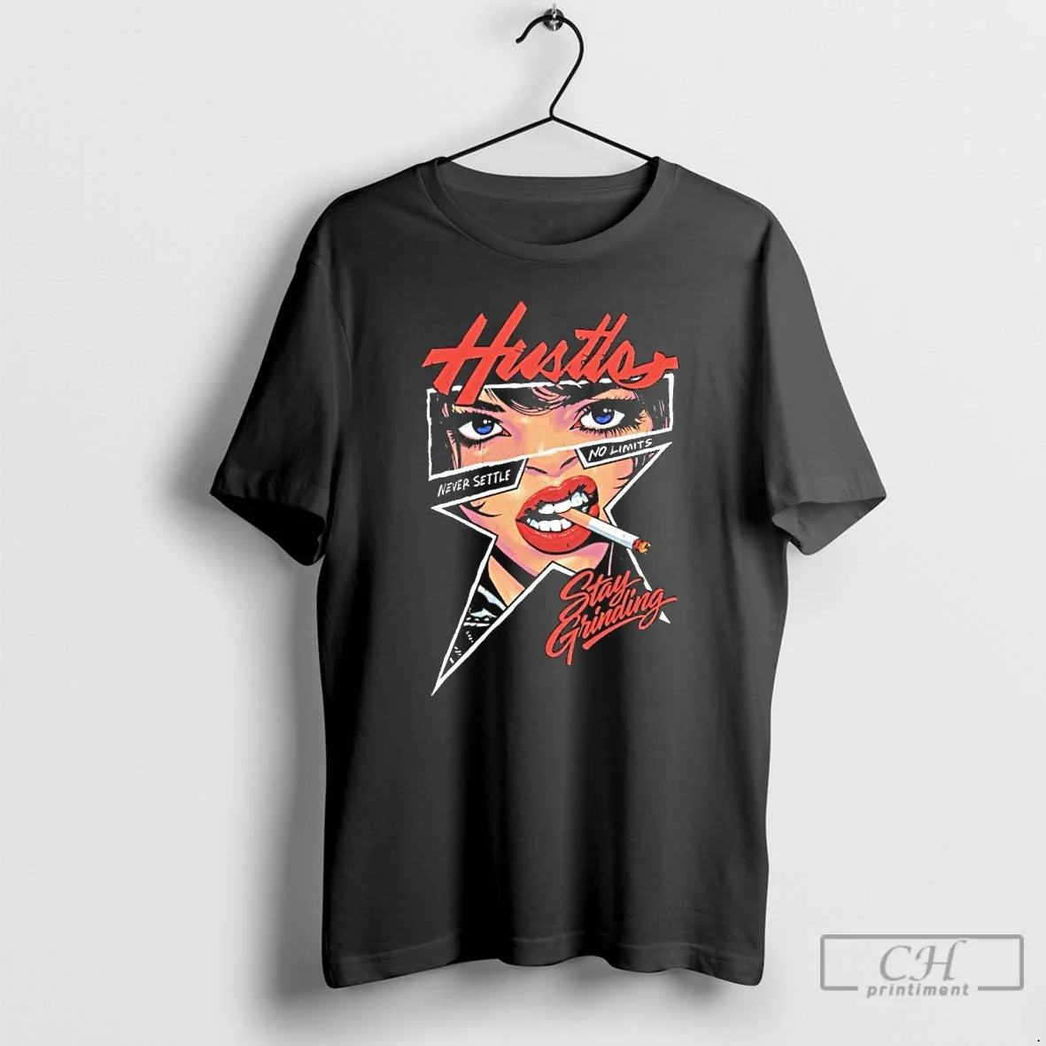 Classic Girl Smoking Hustle Stay Grinding Never Settle No Limits Unisex T-shirt, Sweatshirt, Hoodie, Long Sleeve Tee - T-Shirt, Sweatshirt, Hoodie