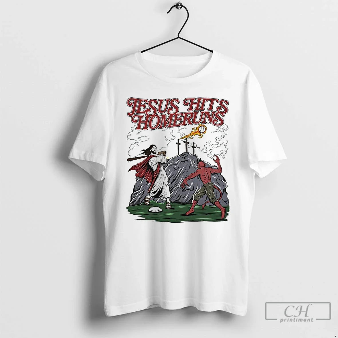 Classic Jesus And Devil Hits Homeruns Unisex T-shirt, Sweatshirt, Hoodie, Long Sleeve Tee - T-Shirt, Sweatshirt, Hoodie