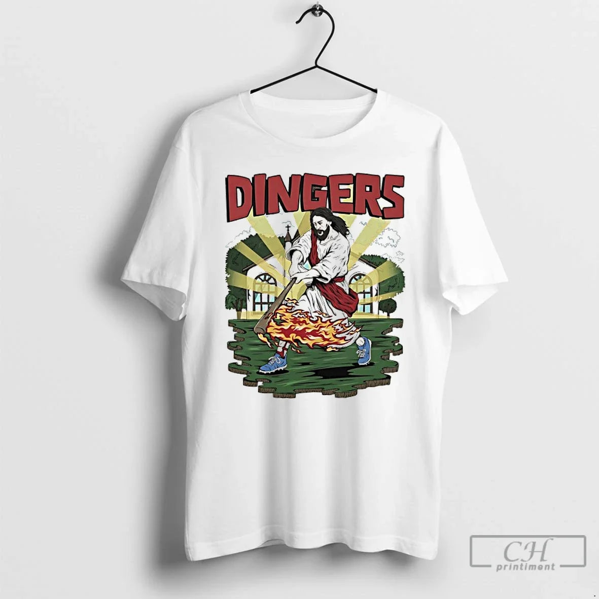Classic Jesus Hits Dingers Baseball Fire Swing Unisex T-shirt, Sweatshirt, Hoodie, Long Sleeve Tee - T-Shirt, Sweatshirt, Hoodie