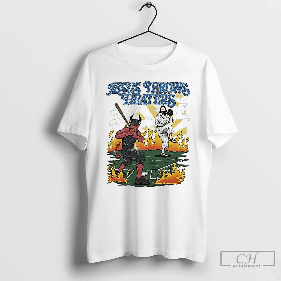 Classic Jesus Throws Heaters Beat Satan Devil Unisex T-shirt, Sweatshirt, Hoodie, Long Sleeve Tee - T-Shirt, Sweatshirt, Hoodie