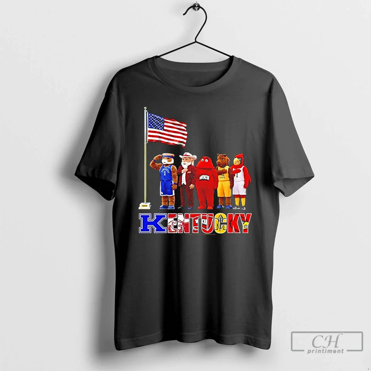 Classic Kentucky City Sports Mascot Front Of An American Flag Unisex T-shirt, Sweatshirt, Hoodie, Long Sleeve Tee - T-Shirt, Sweatshirt, Hoodie
