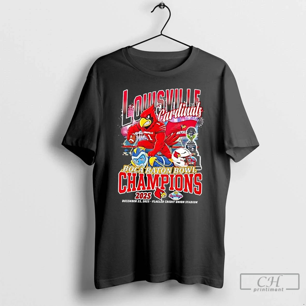 Classic Louisville Cardinals Boca Raton Bowl Champions 2025 Mascot Graphic - T-Shirt, Sweatshirt, Hoodie