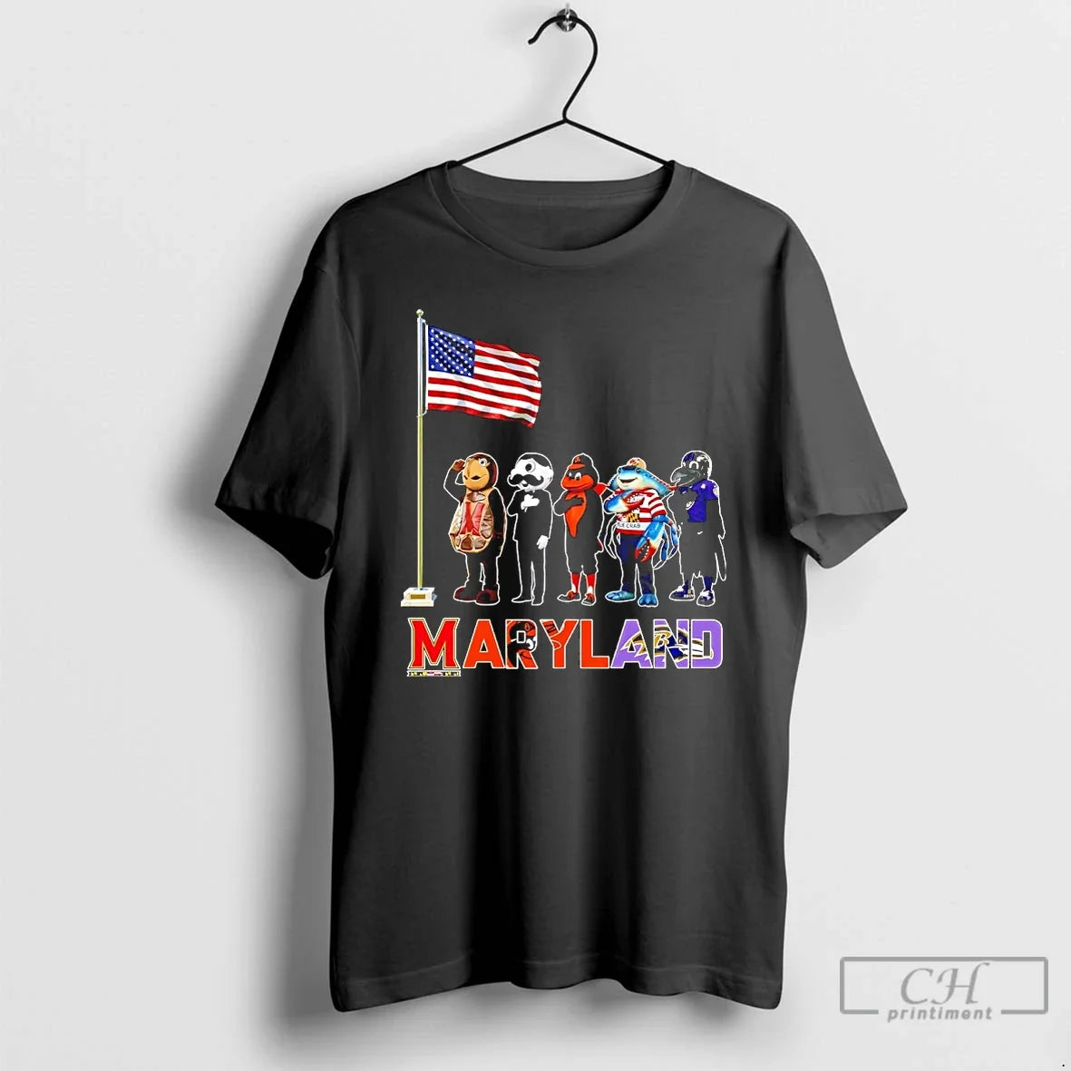 Classic Maryland City Sports Mascot Front Of An American Flag Unisex T-shirt, Sweatshirt, Hoodie, Long Sleeve Tee - T-Shirt, Sweatshirt, Hoodie