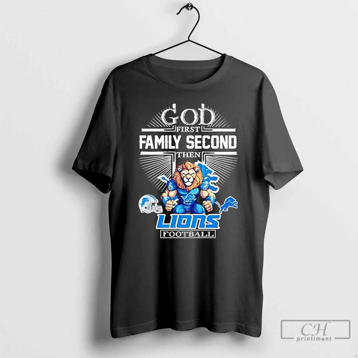 Classic Mascot Of Detroit Lions God First Family Second Then Football - T-Shirt, Sweatshirt, Hoodie
