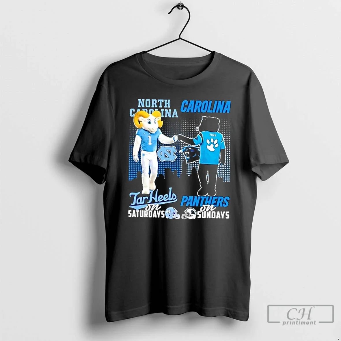 Classic Mascots North Carolina Tar Heels On Saturdays X Carolina Panthers On Sundays Skyline - T-Shirt, Sweatshirt, Hoodie