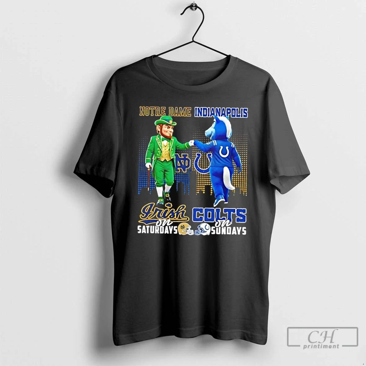 Classic Mascots Notre Dame Fighting Irish On Saturdays X Indianapolis Colts On Sundays Skyline - T-Shirt, Sweatshirt, Hoodie