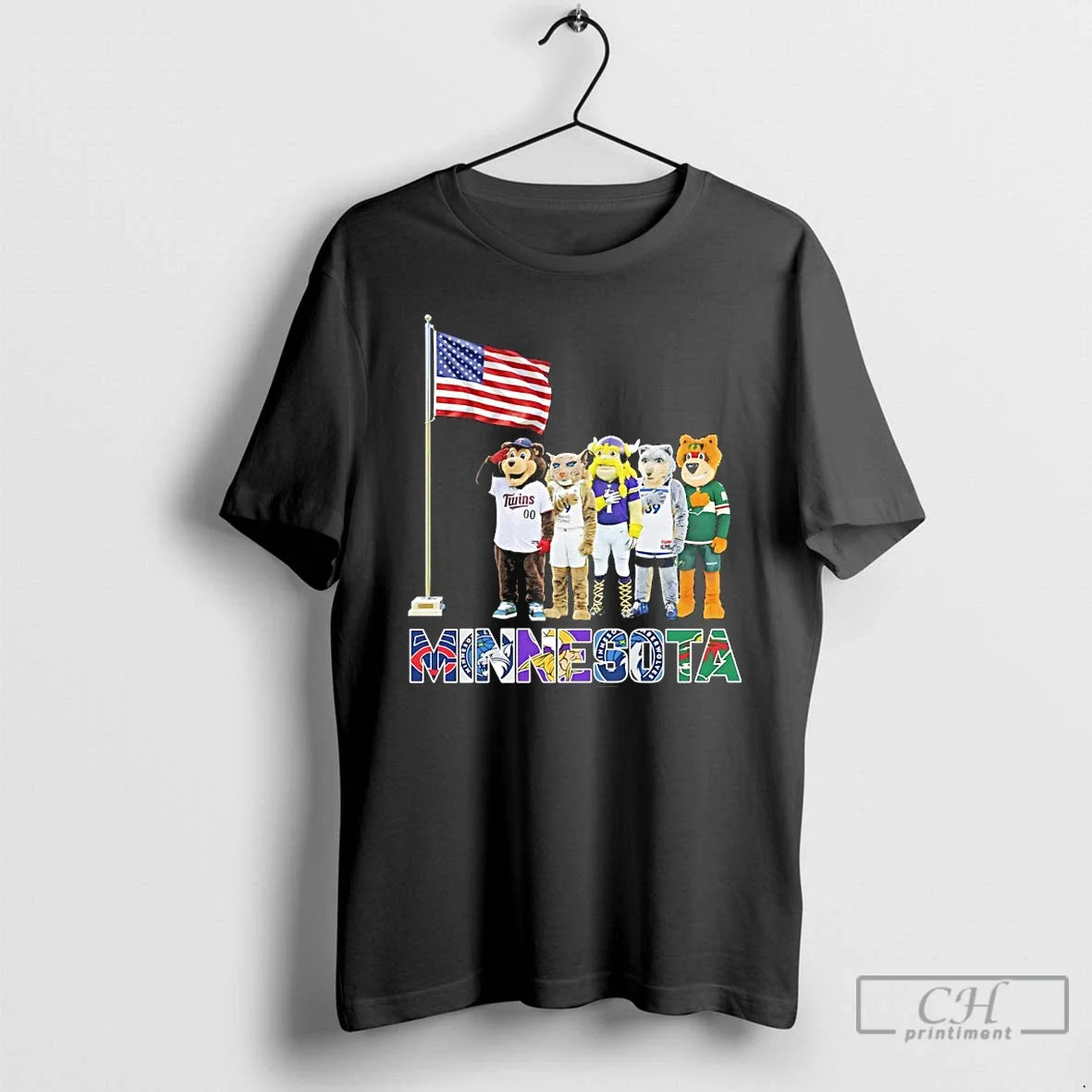 Classic Minnesota City Sports Mascot Front Of An American Flag Unisex T-shirt, Sweatshirt, Hoodie, Long Sleeve Tee - T-Shirt, Sweatshirt, Hoodie