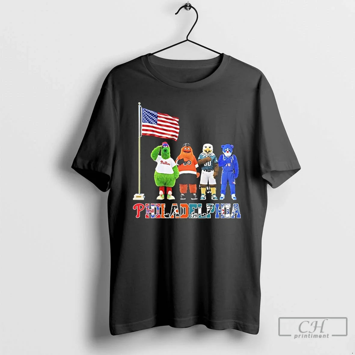 Classic Philadelphia City Sports Mascot Front Of An American Flag Unisex T-shirt, Sweatshirt, Hoodie, Long Sleeve Tee - T-Shirt, Sweatshirt, Hoodie