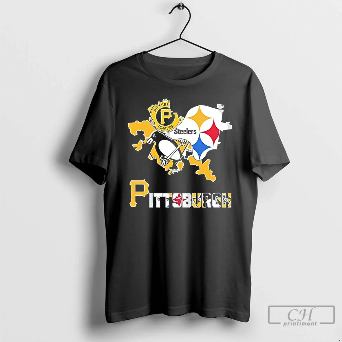 Classic Pittsburgh City Sports Logos Map Graphic Unisex T-shirt, Sweatshirt, Hoodie, Long Sleeve Tee - T-Shirt, Sweatshirt, Hoodie