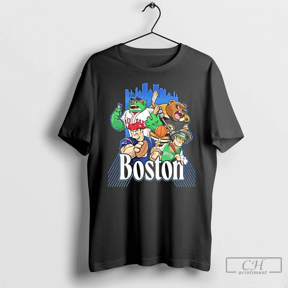Classic Red Sox Bruins Patriots And Celtics Boston City Skyline Mascot Unisex T-shirt, Sweatshirt, Hoodie, Long Sleeve Tee - T-Shirt, Sweatshirt, Hoodie